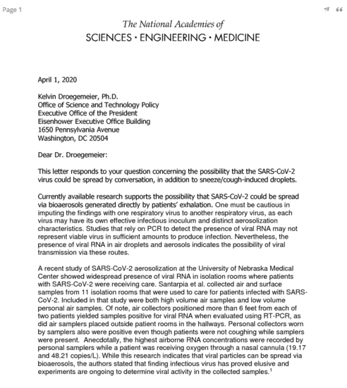 National Academy of Sciences issues rapid expert consultation to White House on bioaerosol spread of Covid19. Concludes virus can spread via normal breathing & on various droplet surfaces.  #masksforall  https://www.nap.edu/read/25769/chapter/1