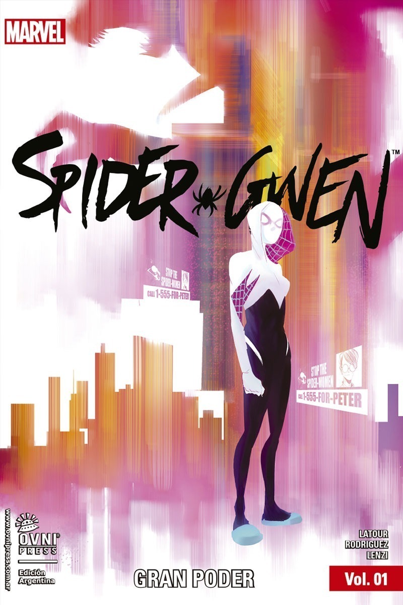 A partir de ahora, cada spider-persona nueva va a traer una estética diferente. La de Spider-Gwen se condice con la de sus cómics, en la que abunda el rosa y las líneas rápidas. Pink Rock.