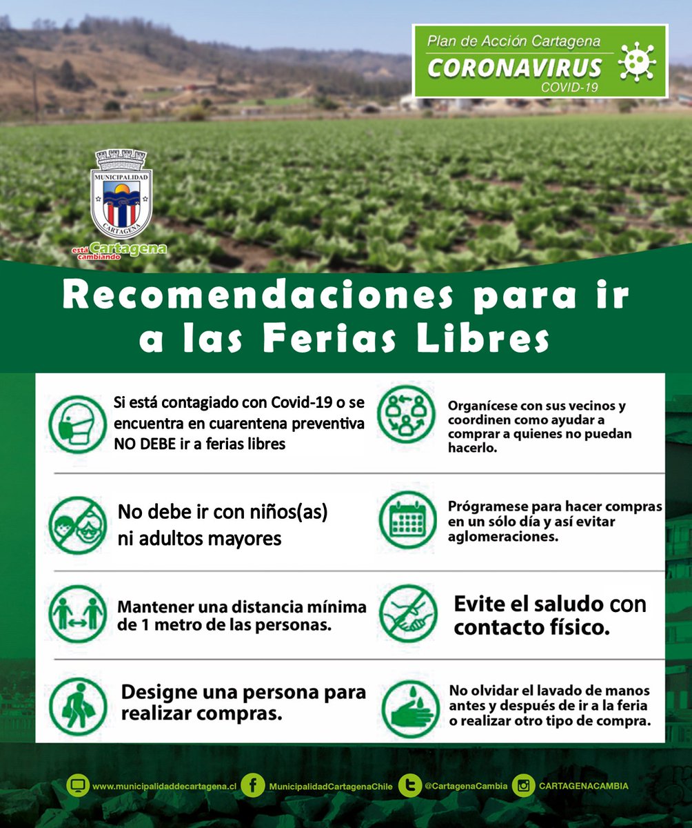 Muni_Cartagena's tweet photo. #FeriasLibres: Les recordamos que estamos en #cuarentenapreventiva y nuestras salidas del hogar deben ser sólo por razones de fuerza mayor como ir a comprar a la feria en #Cartagena . Es por eso que les dejamos las siguientes recomendaciones:

#QuédateEnCasa https://t.co/rAuGeGqeq4