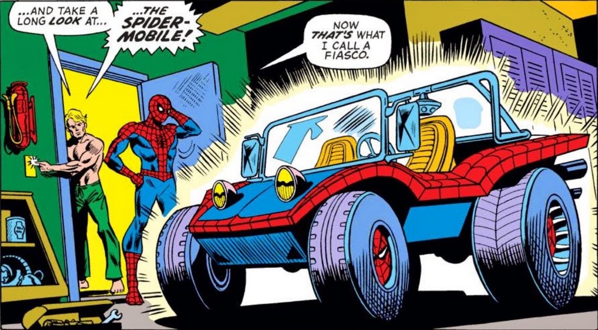 Este es el famoso Spider-Mobile. Dato: También aparece en el cómic “Old Man Logan”. Sí, en la última imagen hay un T-Rex con el simbionte de Venom persiguiendo a un Wolverine viejo y un Hawkeye ciego en el auto de Spider-Man.