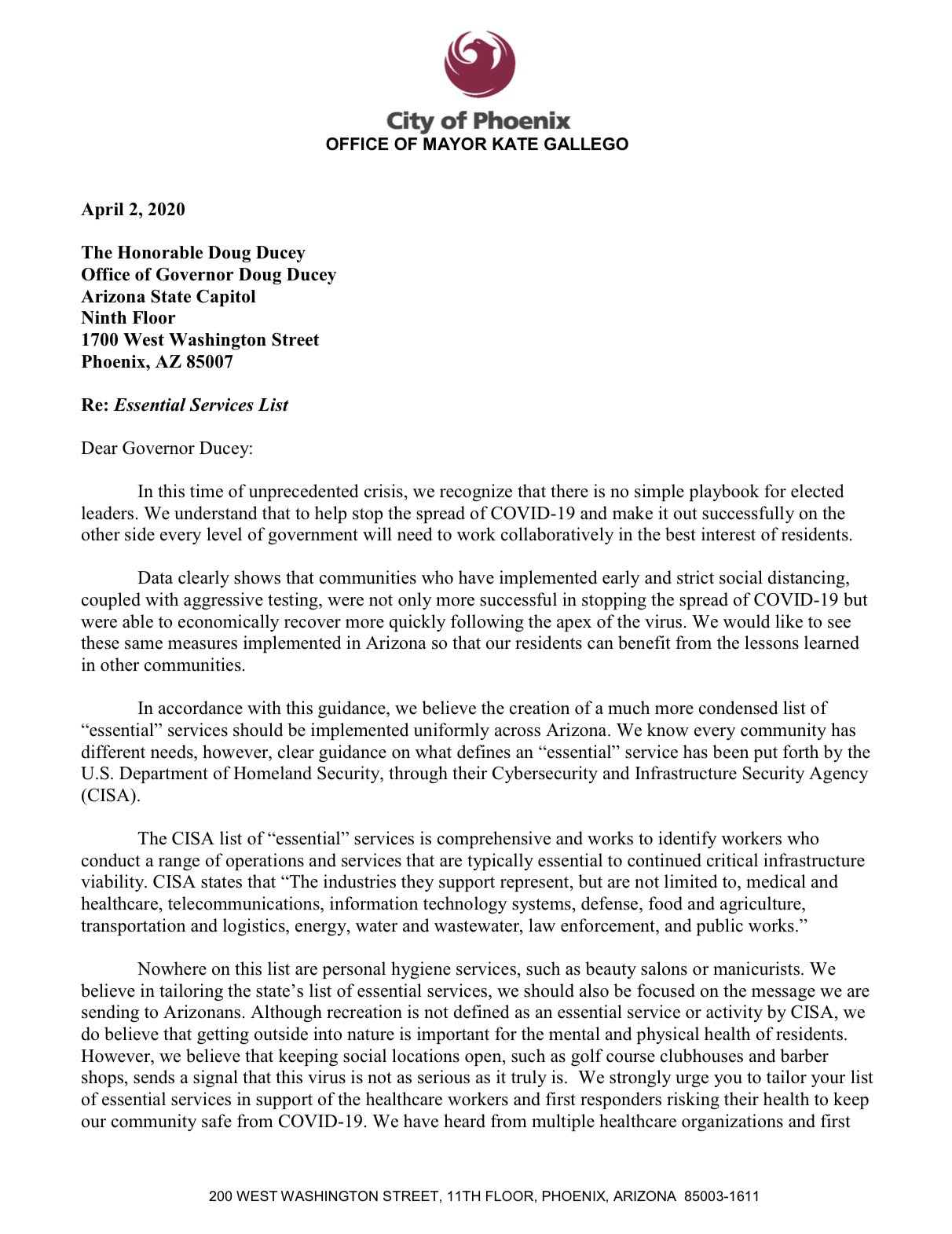 Mayor Kate Gallego There Is No Playbook For Covid19 But There Are Best Practices Set Forth By Dhsgov For What Essential Services Should Be Phx Joined With Mayors From Across