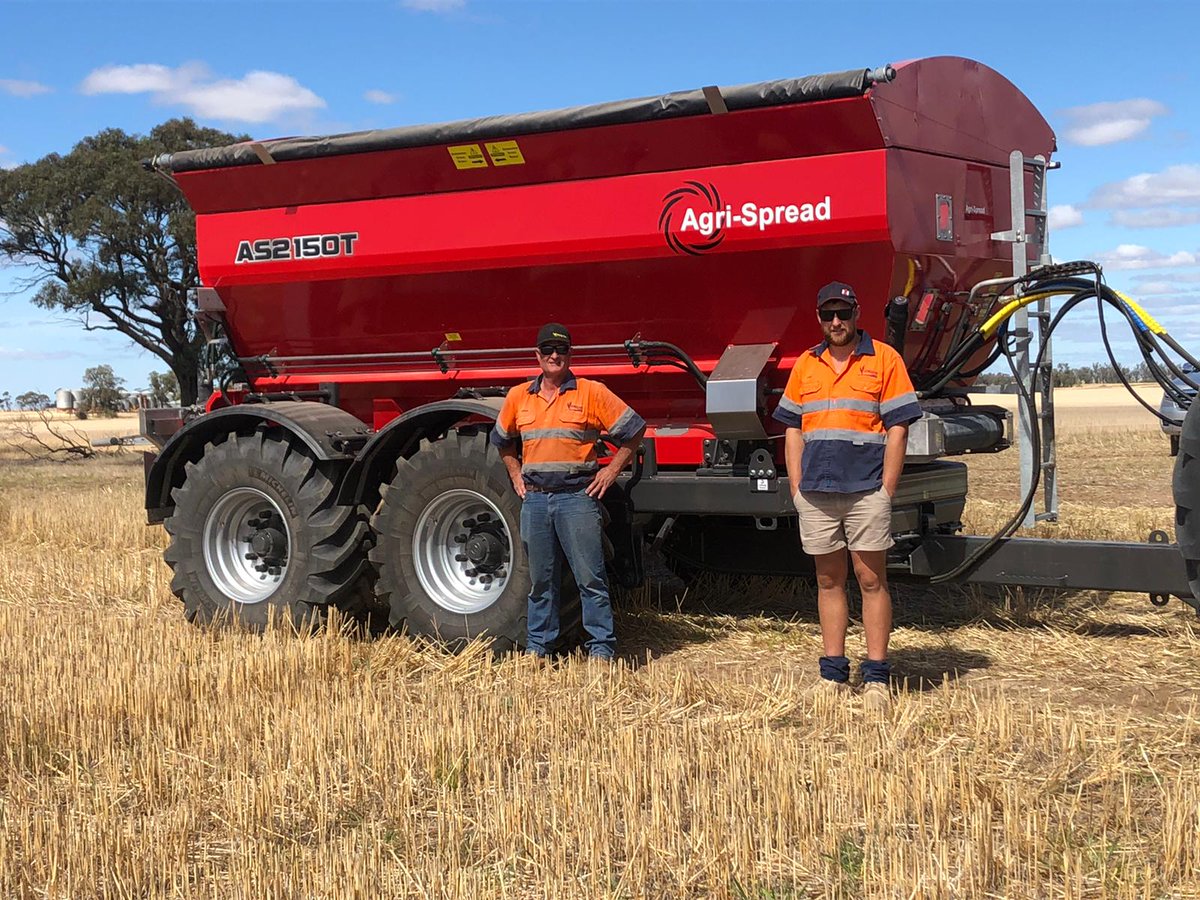 waringaag's tweet photo. Jamie Jordan (right) of Jordan Farms Murto Victoria and operator Michael Batson getting ready to put the new AS2150T into their variable rate gypsum program #2000series #spread2020 #agrispread #customersetup https://t.co/HTzMtNbo4X