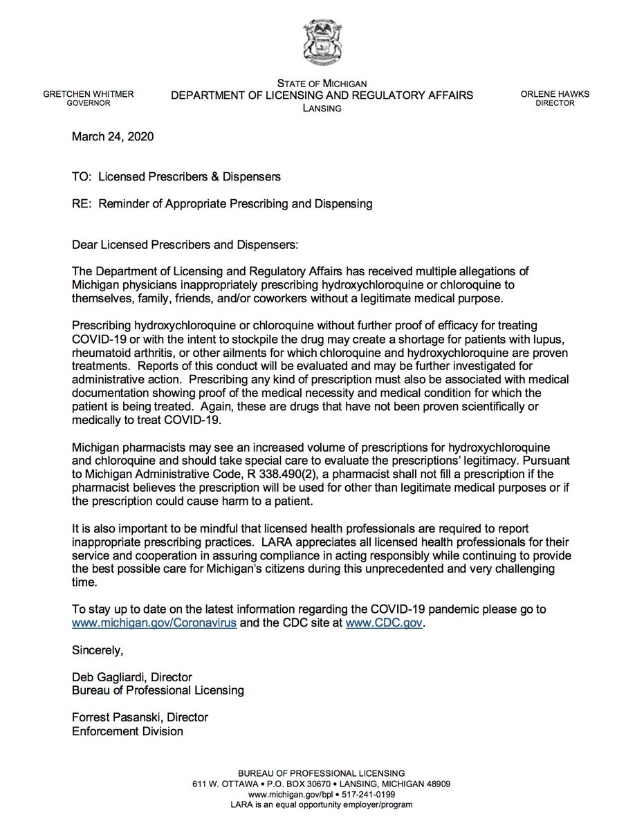 (Here's the memo from the MI Department of Licensing and Regulatory Affairs that's being misconstrued as a now-reversed gubernatorial decree banning hydroxycholoroquine - it's actually guidance intended to prevent a shortage that has now happened.) https://www.michigan.gov/documents/lara/Reminder_of_Appropriate_Prescribing_and_Dispensing_3-24-2020_684869_7.pdf