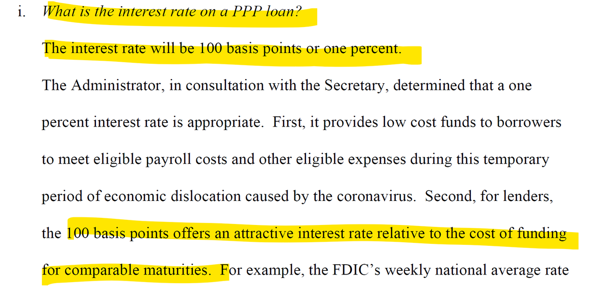 8/Despite initial statement (+ info sheet) from  @USTreasury saying interest rate would be 0.5%, Interim Regs confirm Mnuchin statement earlier today... rate is 1%.This is a HUGE win for lenders. Half a point on $349 billion/year is a lot of money! That's on top of orig fees!