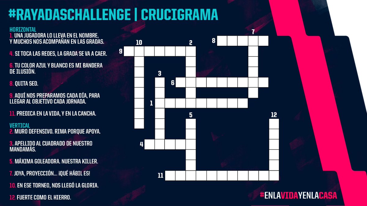 Rayadas's tweet photo. ❔ | Sabemos que les gustan los crucigramas 🤩, así que ya les traemos el #RayadasChallenge del día.

Déjenos en los comentarios ⬇️ sus screenshots con el crucigrama resuelto 🔡

#EnLaVidaYEnLaCasa 🏡💙⚪ https://t.co/YnnJFiajra