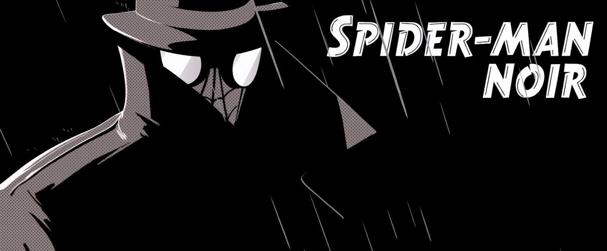 Spider-Man Noir (E-90214). Viene de un 1933 en blanco y negro, donde es detective y lucha contra los nazis. Tiene la particularidad de ser muy melancólico, y se siente confundido al ver tantos nuevos colores en el universo de Miles. Quizás los colores simbolizan las emociones.