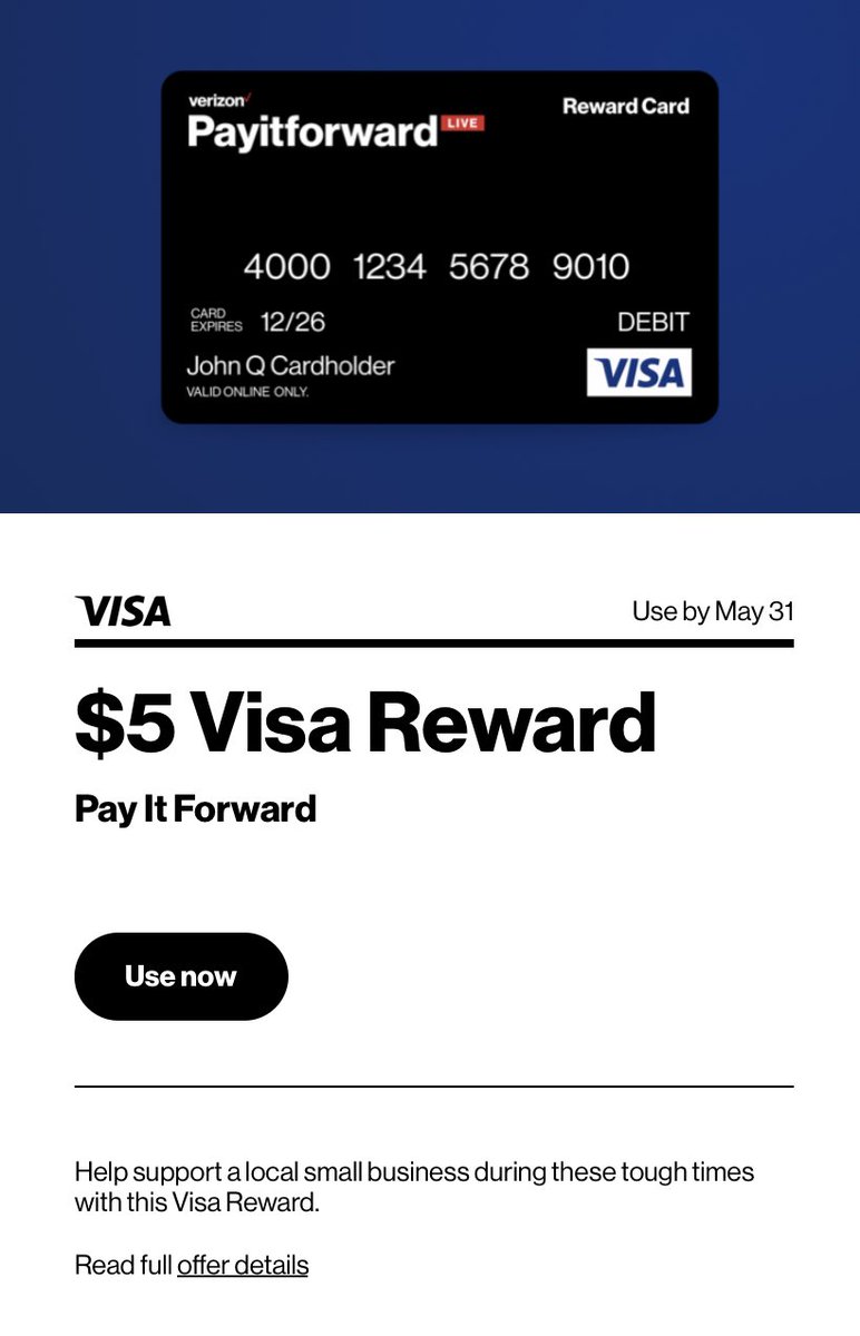 svandinter's tweet photo. Just checked out the Verizon #PayItForwardLIVE website and saw that Verizon customers have a $5 Visa gift card in their Verizon Up rewards. Go get yours and support a small business today! https://t.co/DQa57oeMRq