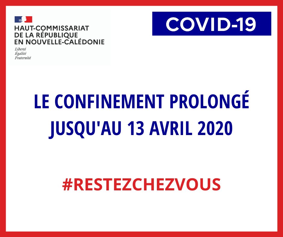 HC98800's tweet photo. #COVID19 PROLONGATION DU CONFINEMENT JUSQU'AU 13 AVRIL
Après avoir échangé avec le groupe d’experts, le Haut-commissaire et le président du gouvernement ont décidé de prolonger le confinement strict de la population jusqu’au lundi 13 avril minuit. https://t.co/UytzNHTq7l