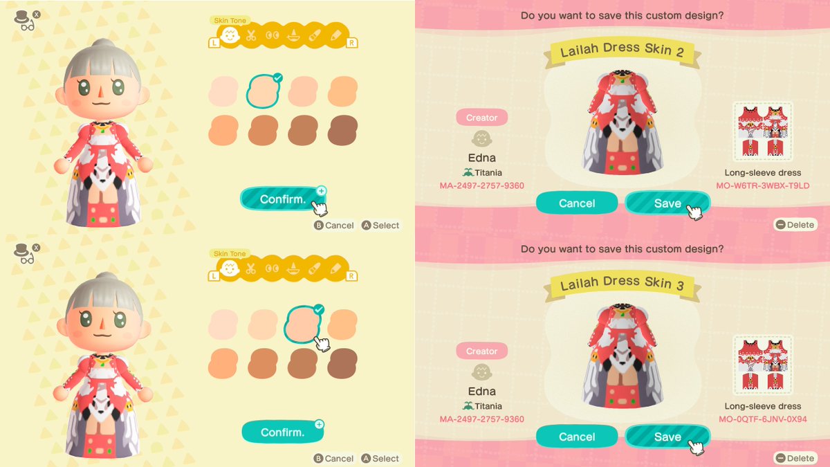 Darker skin versions of the Lailah pattern! Because if Animal Crossing still won't let us put actual skin showing through our designs, I figure it's a good idea to make my designs more versatile when requiredCredits to this post for the skin tone values!  https://bramblescrossing.tumblr.com/post/613321152048316416/a-guide-to-color-matching-each-skin-tone
