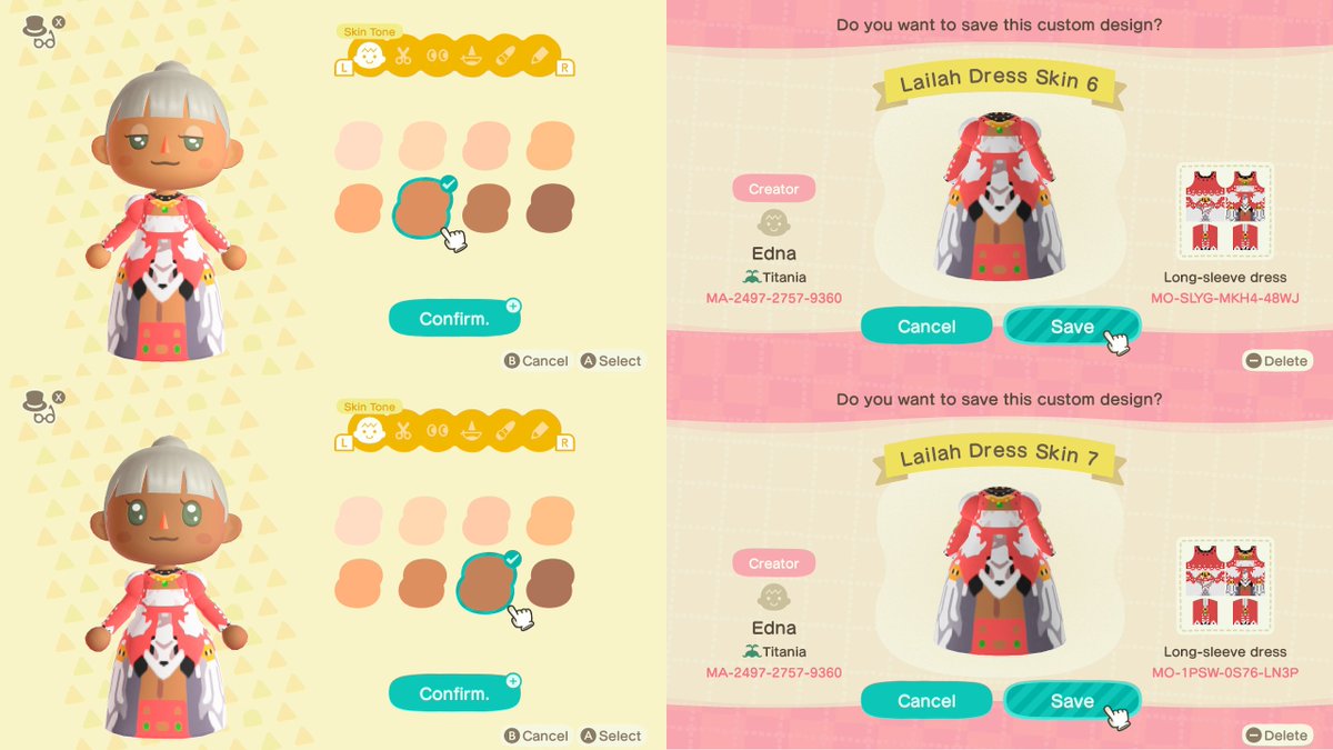 Darker skin versions of the Lailah pattern! Because if Animal Crossing still won't let us put actual skin showing through our designs, I figure it's a good idea to make my designs more versatile when requiredCredits to this post for the skin tone values!  https://bramblescrossing.tumblr.com/post/613321152048316416/a-guide-to-color-matching-each-skin-tone