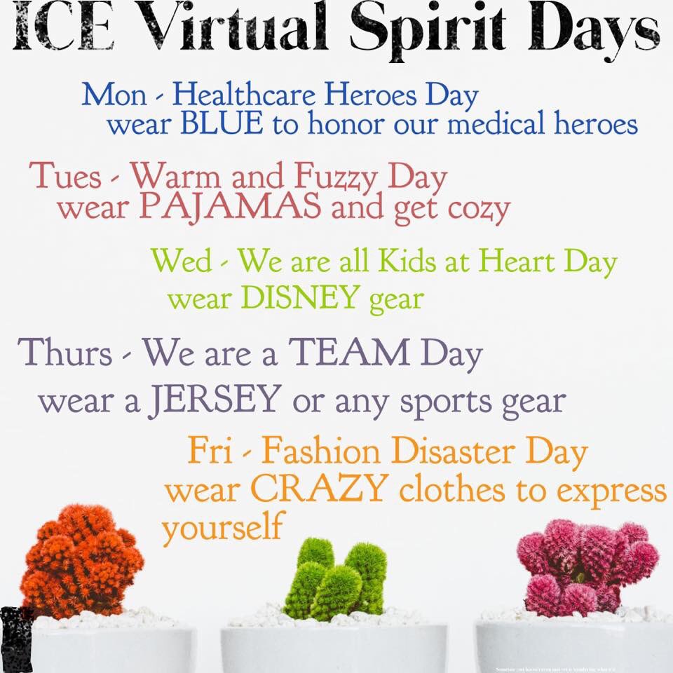 LeahPachecoICE's tweet photo. Student Council presents - ICE Virtual Spirit Days 4/6 - 4/10
Post a pic on Twitter or Facebook with #ICEfun2020 and #LISDathome. Be entered into a drawing!
Grand Prize: Your choice between PRINCIPAL FOR THE DAY or a $25 AMAZON gift card! Thanks @Sekiser & @MrsPhippsClass! https://t.co/5nlslKC11V