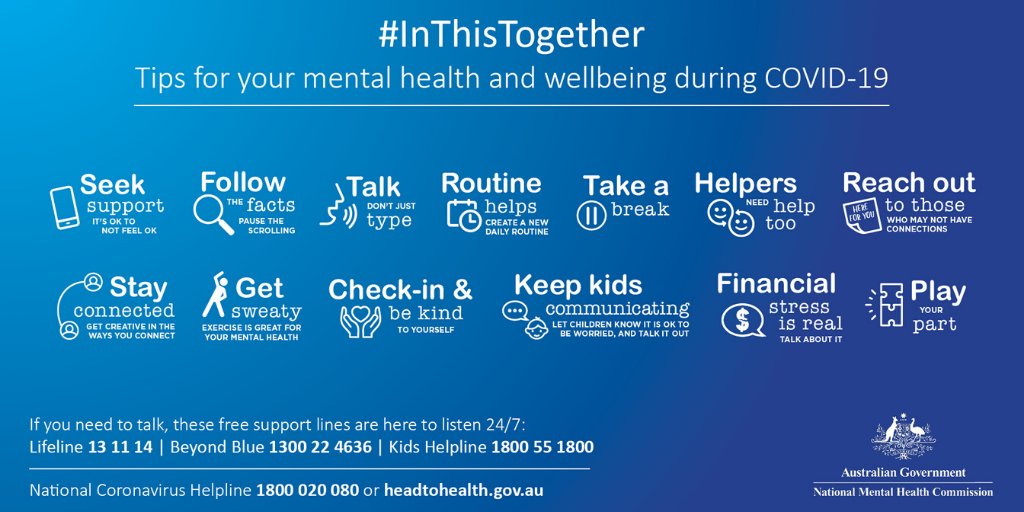 What tip are you going to use today? We've teamed up with <a href="/NMHC/">National Mental Health Commission</a> and other mental health orgs to share practical tips to help Australians who are struggling at this time. For more info head to the campaign website here: bit.ly/2UEhZzN  #inthistogether #covid #covidaus