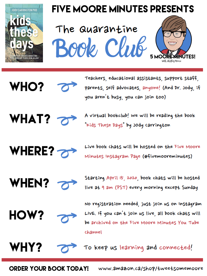 Dr. Shelley Moore, PhD (@tweetsomemoore) on Twitter photo Ok friends, it is official, we have a start date for our next 5MM Quarantine book club! We will be reading and discussing "Kids These Days" by <a href="/JodyCarrington/">Dr. Jody Carrington</a> on Instagram Live starting APRIL 15, 2020! Come join us, and spread the word! #5MMbookclub Ok friends, it is official, we have a start date for our next 5MM Quarantine book club! We will be reading and discussing "Kids These Days" by <a href="/JodyCarrington/">Dr. Jody Carrington</a> on Instagram Live starting APRIL 15, 2020! Come join us, and spread the word! #5MMbookclub