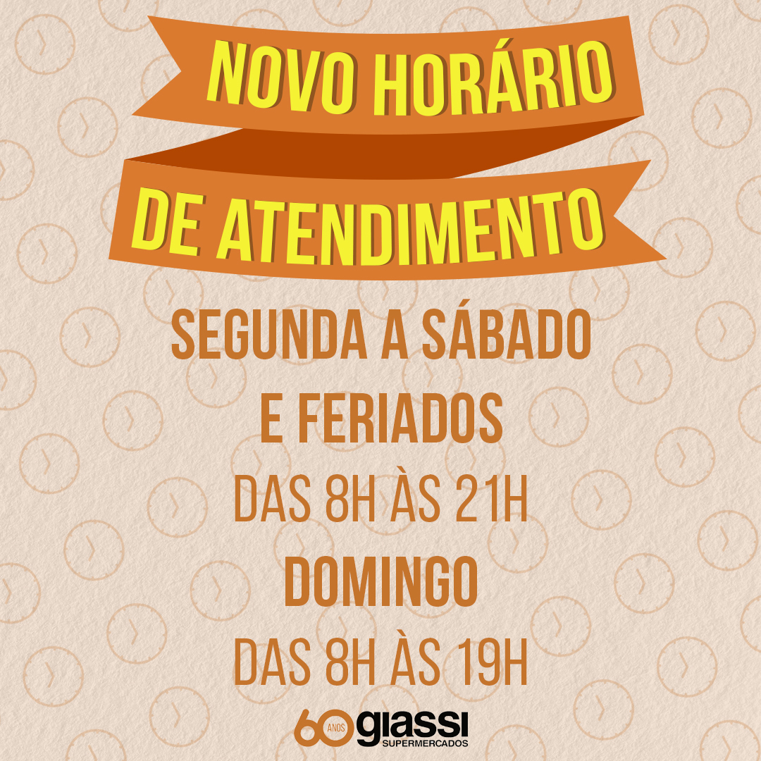 redegiassi's tweet photo. Atenção, grandes amigos: a partir desta sexta-feira teremos novos horários de atendimento válidos para todas as lojas do Giassi Supermercados. Programe-se!

#Giassi60anos #horários #economia #grandesamigos https://t.co/qJe2nbH4sB