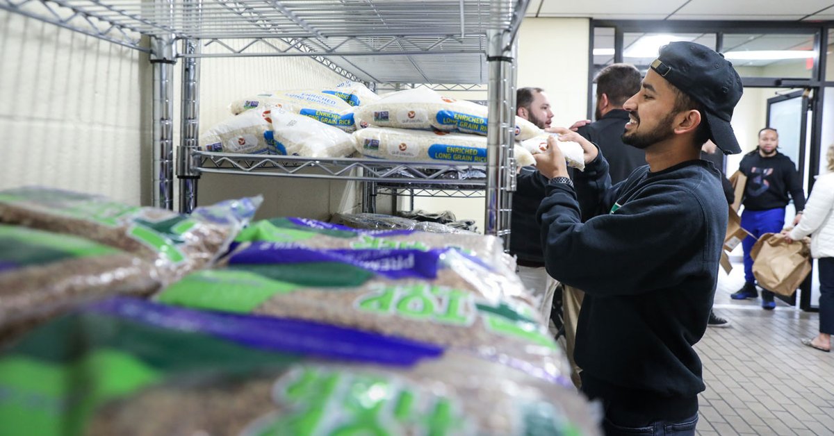 A student stocks the ULM food pantry inside the Activity Center. The food pantry provides non-perishable food items at no cost to students with a valid ID. The food pantry is open noon-3 p.m., Monday, Wednesday, and Thursday.

ULM Photo Services bit.ly/3bHCGAk