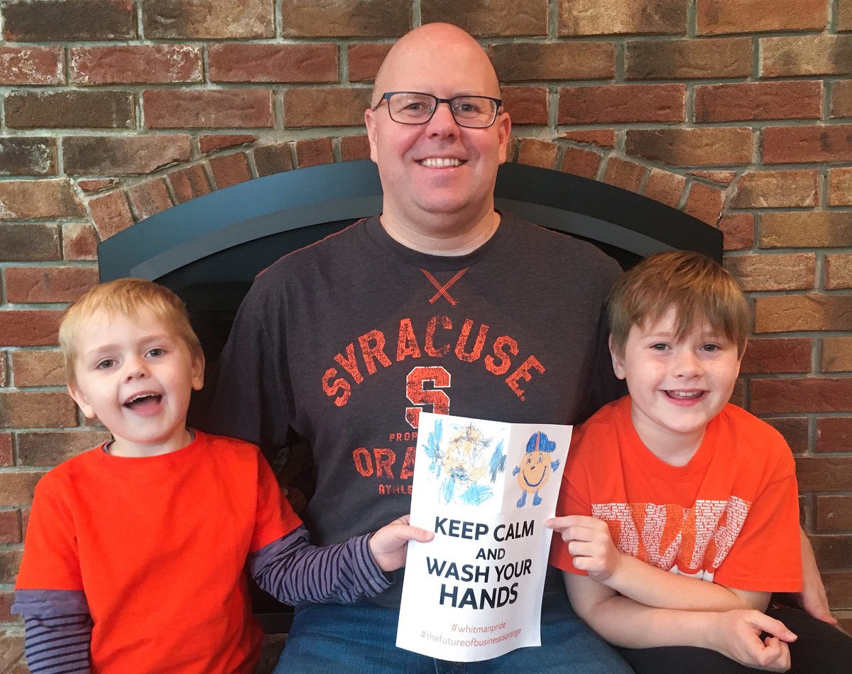 WhitmanatSU's tweet photo. Alex McKelvie, associate dean for undergraduate & master’s education, (& special guests Elliott & Emmett) wanted to share a message with you. Keep calm & wash your hands! (📸 by Lena Blomkvist, communications assistant) 🍊 #OneWhitman #WhitmanPride #StayOrange https://t.co/vFwhoKVngy