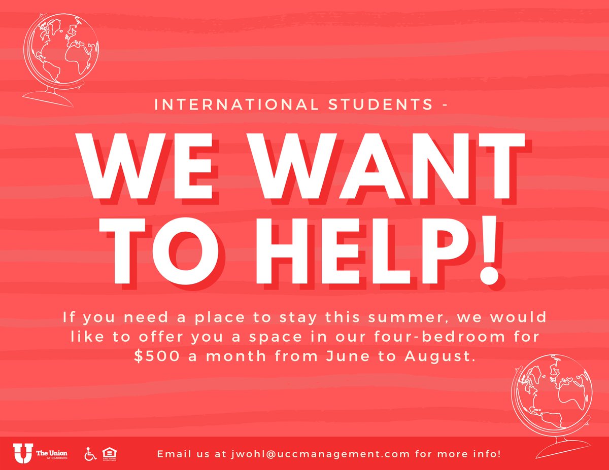 UnionatDearborn's tweet photo. If you are unable to make it home this summer, or are having a hard time affording your current housing situation - we have the place for you. We are offering $500 fully furnished, all utilities included leases to students this summer to help cope with the Covid-19 pandemic. https://t.co/kvxymBQOYm