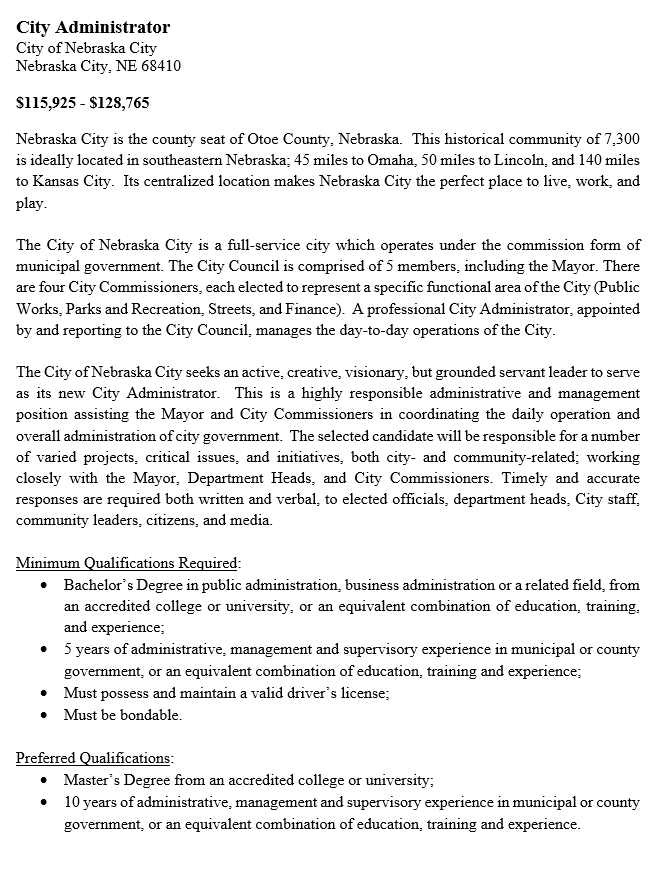 Nebraska_City's tweet photo. The City of Nebraska City is seeking a new City Administrator. 

See the attached images for full details, or visit the City’s website at https://t.co/5JrpmLLA3D. https://t.co/PXo4lRUh5Y
