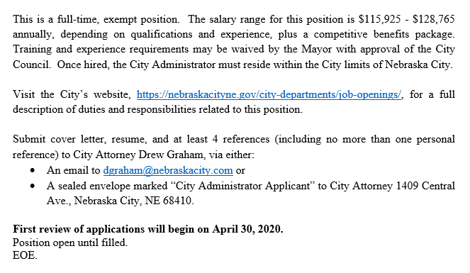 Nebraska_City's tweet photo. The City of Nebraska City is seeking a new City Administrator. 

See the attached images for full details, or visit the City’s website at https://t.co/5JrpmLLA3D. https://t.co/PXo4lRUh5Y