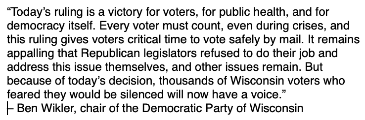 benwikler's tweet photo. BREAKING: Judge William Conley just ruled to EXTEND THE DEADLINE to request absentee ballots in Wisconsin’s election to Fri 5pm; to return ballots until Apr 13; &amp; to waive witness requirement! Statement below. Help us organize: https://t.co/GjN0ea1bEN https://t.co/Kpz0MDAkqs