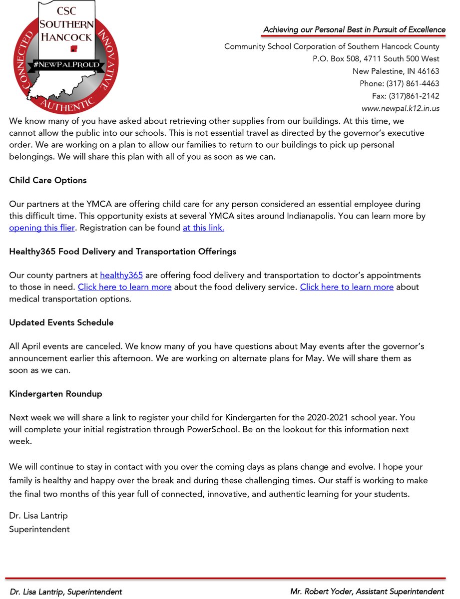 Earlier today Governor Eric Holcomb and the Indiana Department of Education closed schools through the end of the 2019-2020 school year.

Please see the detailed information below about the district's plans for April and May. #newpalproud
