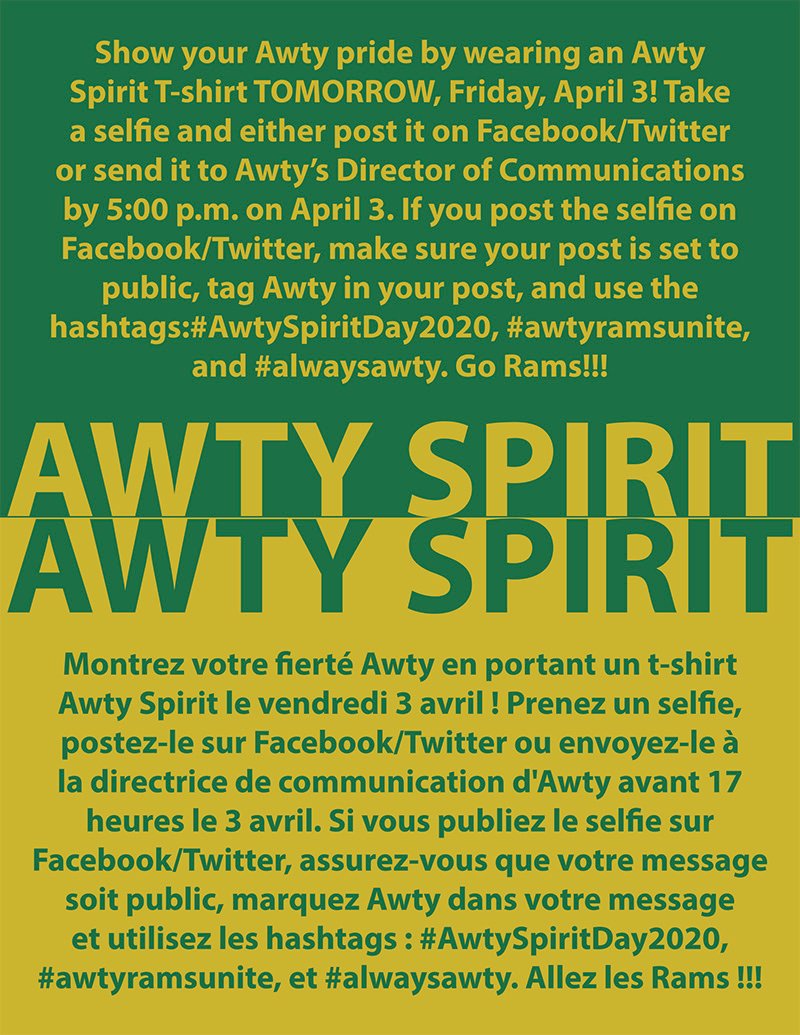 awtyintlschool's tweet photo. Tomorrow, April 3 is Awty Spirit Day!  Wear an Awty Spirit T-shirt or rock your best Green &amp; Gold!  Take a selfie and share it with the community or send it to the Director of Communications at gcario@awty.org!  ##AwtySpiritDay2020 #awtyramsunite #alwaysawty https://t.co/jKzAucZqvm