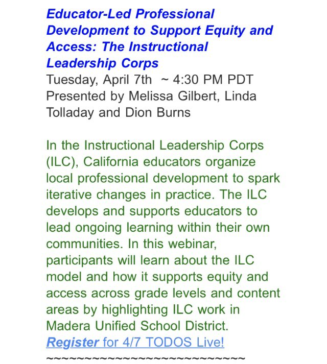 movedtoblusky's tweet image. Upcoming TODOS Live! Session: Educator-Led Professional Development to Support Equity and Access: The Instructional Leadership Corps April 7, 4:30 PDT Register today: bit.ly/347H7lf