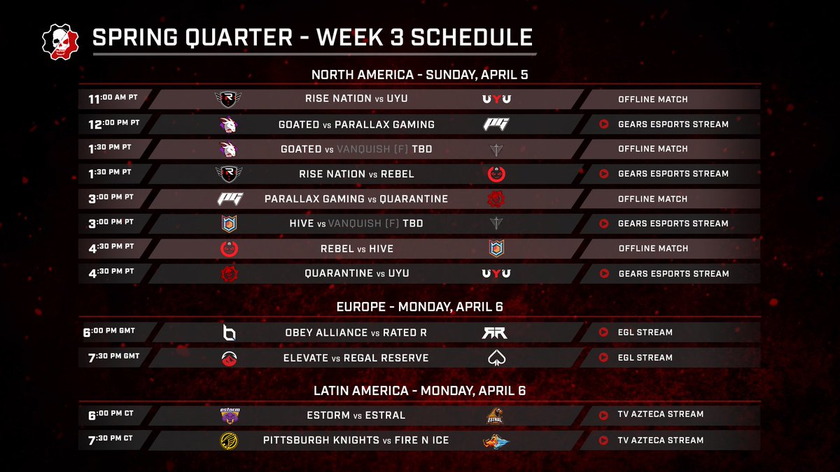 GearsEsports's tweet photo. Coming up in Week 3:
 
🇺🇸 After their dominating performance last week, can @Parallax_gg pull an upset over Quarantine?

🇪🇺 @TeamRated_R aim to keep up their win streak against @ObeyAlliance 

🇲🇽 @Estral_Esports &amp; @ESTORM_GG look to score their first win of the Quarter https://t.co/IOeq1LWmLw