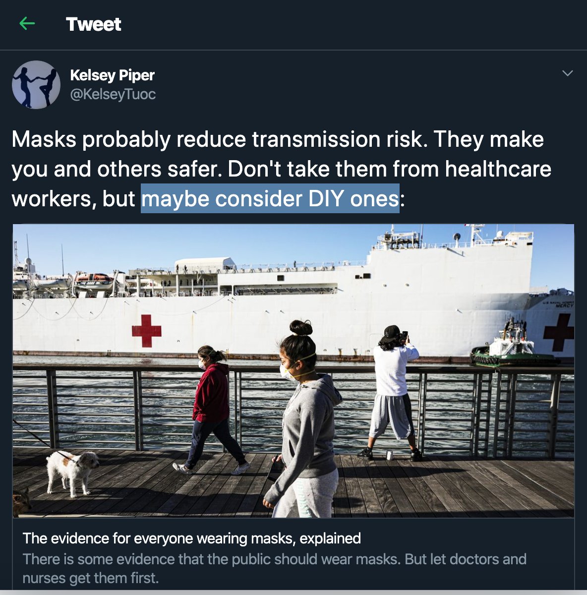 this article is half paragraphs of both-side-ism relaying establishment concerns about people being too dumb to wear masks effectively  https://www.vox.com/2020/3/31/21198132/coronavirus-covid-face-masks-n95-respirator-ppe-shortagethe world "could" appears 19 times, "will" appears 6, and "homemade" twiceyep that's ~effective~ altruism for ya