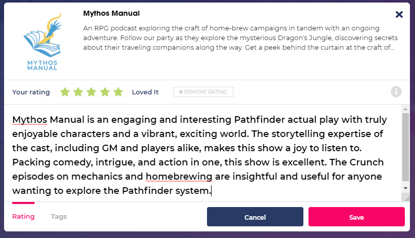 HeartPointsPod's tweet photo. I've been enjoying @MythosManual quite a lot lately--a Pathfinder actual play about a mysterious jungle ruin and the crack team sent to explore it. Comedy, adventure, and world-building from a great cast. [5/X] 

https://t.co/EX2Et1rXJc
💞 https://t.co/qosWzxKQzp