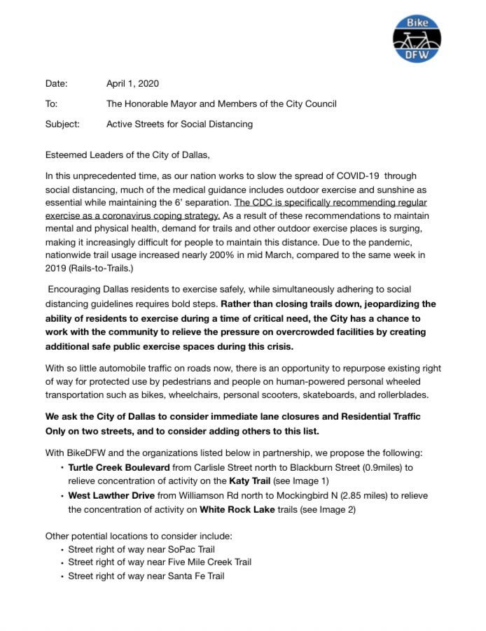 JeffKitner's tweet photo. Pleased to support @BikeDFW and many @DallasParkRec trail groups on potential conversion of streets for 🚲 and 🚶🏻 use during #COVID19. This would help with trail overcrowding and gives us a chance to think creatively about making @CityOfDallas more pedestrian and bike friendly. https://t.co/yoHcw0snSl