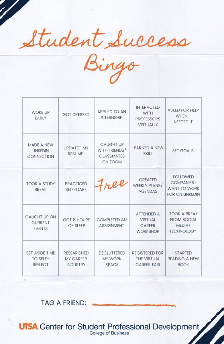 Need a study break? We got you! See how many of these you’ve done while you’re social distancing and learning remotely. Let us know if you got bingo!   #UTSATogether #studentsuccess #productivity #utsa #UTSACSPD