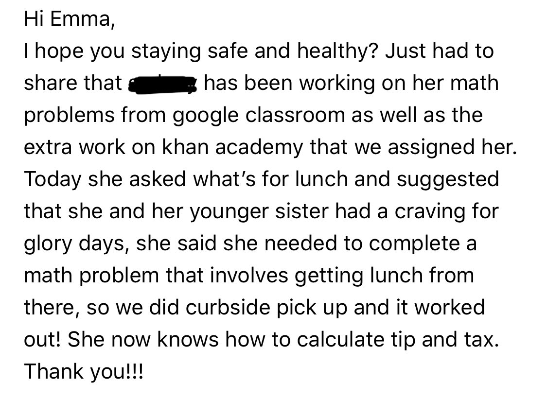 One of the Math 7 consumer math hyperdoc activities to practice calculating tax and tip includes picking out meal items from a restaurant of your choice. One of the menus is from Glory Days near <a href="/JML_MS_Official/">JM Lunsford MS</a>. Loved receiving this email today! Math is everywhere!!