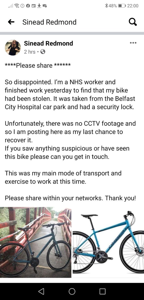FuscoTV's tweet photo. As if this #NHSworker  hasn't enough stress - someone stole her bike..can you help? @irish_news @BelTel @News_Letter @BBCNewsNI @bbcnewsline @UTVNews @Peter_u105 @belfast_south https://t.co/OksdI4s1Pb