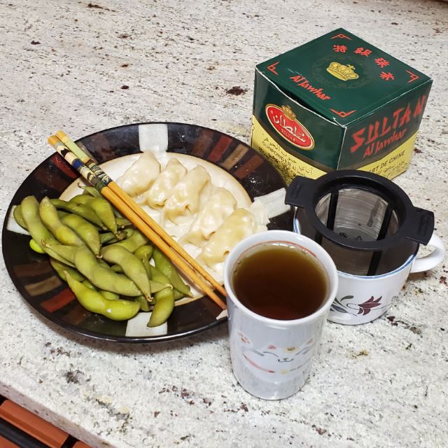 Daily tea time.Old gunpowder.This is gunpowder green tea, so-called since the dried leaves curl up to look like gunpowder. It has a long history and though Chinese in origin you'll find it from Morocco to Japan -- this I bought at an Arab grocery store.