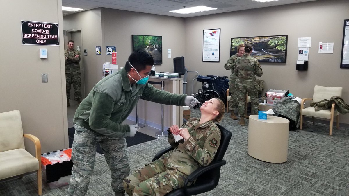 92arwcommander's tweet photo. Leading from the front! After passing out recognition & thanking MDG Airmen for their outstanding mission support, Col Russ Davis (OG/CC) and Col Heather Nelson (MDG/CC) both experienced the COVID-19 testing process first hand! #TeamFairchild #92OG #92MDG #Famous92d #FavoredFew https://t.co/VmAIwrBHQT