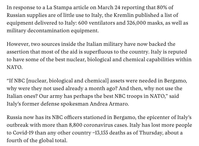 Russians brought equipment to decontaminate and have been disinfecting areas in  #covid19 stricken Bergamo. but our reporting shows that Italians have excellent NBC (nuclear, bio, chemical) capabilities themselves. Why invite the Russians?