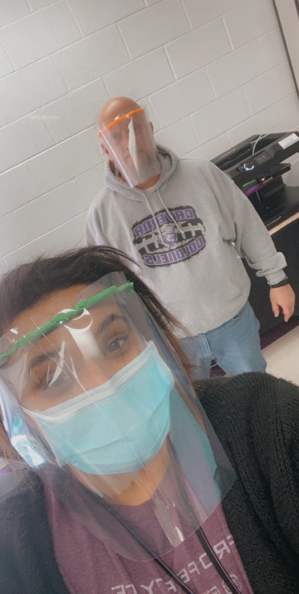 CavernaSTLP's tweet photo. We still managed to practice social distancing while figuring out how to make shields with our classroom 3D printers. Switching to our Caverna purple tomorrow and donating all of these to our local hospital! #TeamCaverna #TeamKentucky #TogetherKy https://t.co/MwLfx6DXZr