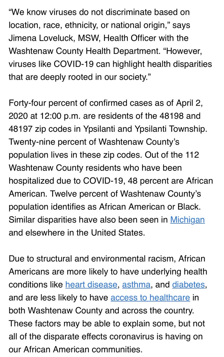 MI’s Washtenaw County health department notes African Americans have been hit particularly hard. “We know viruses do not discriminate based on location, race, ethnicity ... However, viruses like COVID-19 can highlight health disparities that are deeply rooted in our society.”