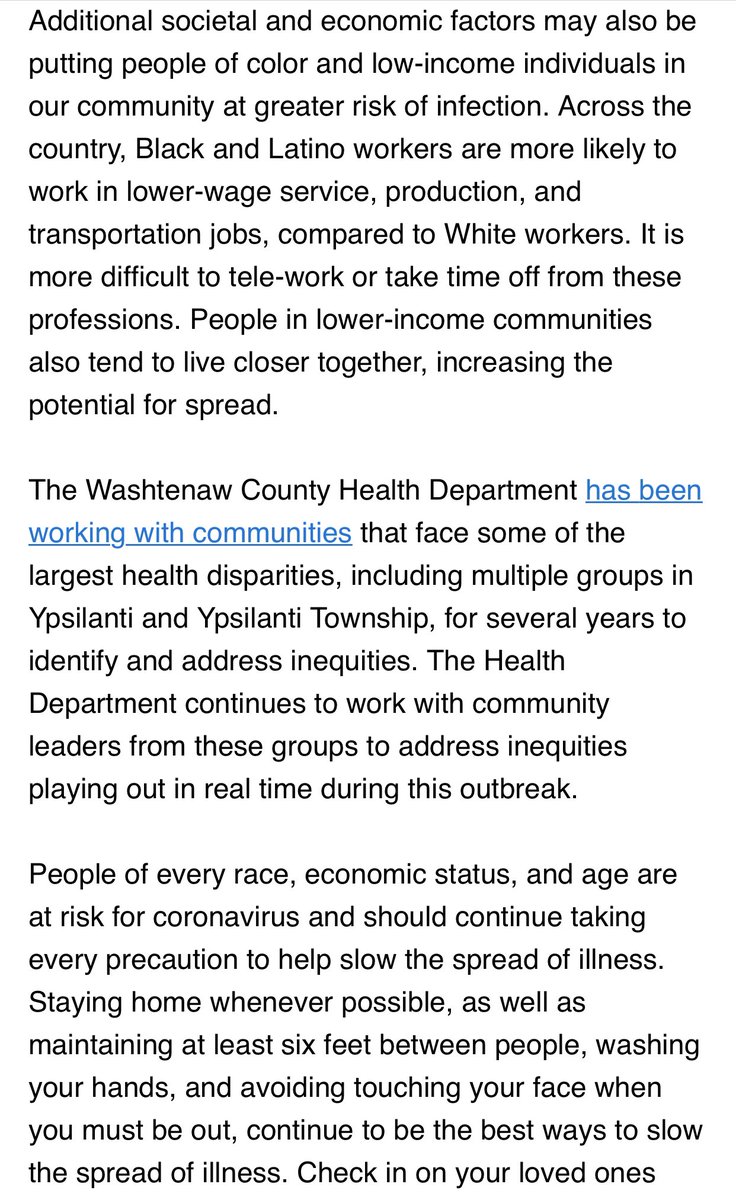 MI’s Washtenaw County health department notes African Americans have been hit particularly hard. “We know viruses do not discriminate based on location, race, ethnicity ... However, viruses like COVID-19 can highlight health disparities that are deeply rooted in our society.”