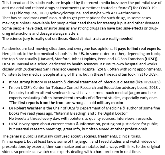 CV1/ COVID-19 TREATMENTS & TRIALS, VIA EXPERTS (Temp replacement for  https://twitter.com/JohnMashey/status/1003739017664315392)I try to summarize recent info by Infectious Disease (ID) experts amidst rapid changeThis is not on vaccines (~year off), but proposed treatments to lessen likelihood or severity.