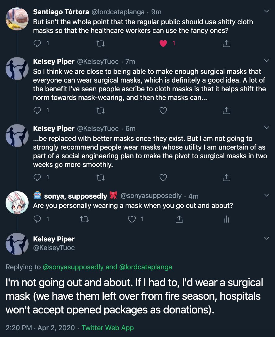 personal safety protocol: "I'm not going out and about. If I had to, I'd wear a surgical mask"publicly advocates: "maybe consider DIY ones" [masks]granted, her article is overall pro-mask, but FUCKING SOFT-PEDALS HER REAL LEVEL OF CONCERN lmfao it's the exact same thing