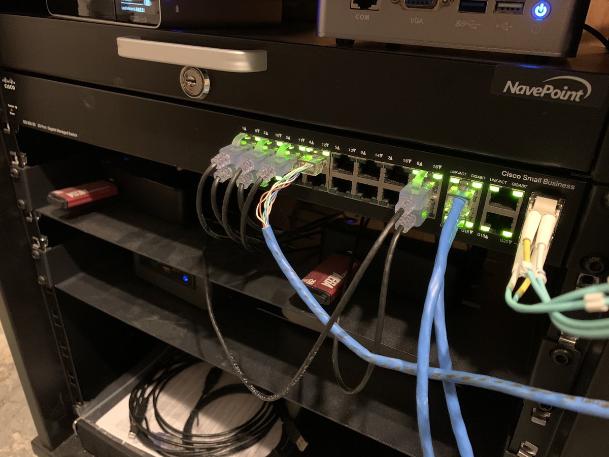 The wired network is all centered around a set of 5 Cisco switches, (mostly because I have 20 years of Cisco ios) trunked together by fiber runs between basement and attic and a few Ethernets. (connecting switches on other floors)