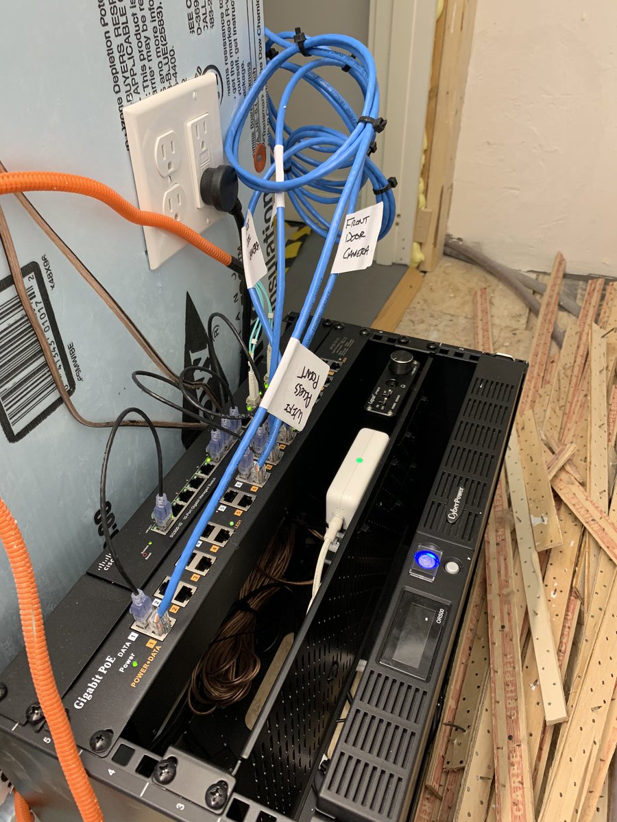 Just about all  @ubnt hardware is standard PoE so the switches, APs, cameras, etc. all have UPS (CyberPower in my case, don’t love it but there we are) through a rack PoE injector. This is the attic “stack” - an almost identical setup exists on most floors.