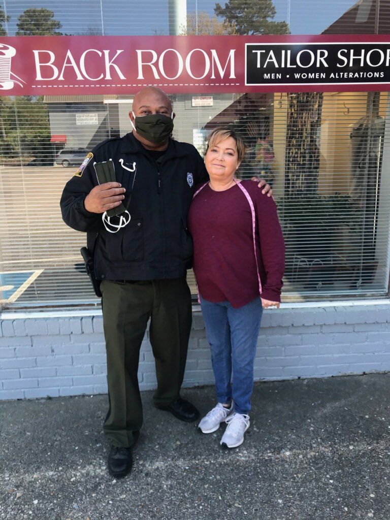Officer Anderson got a call from one of our local businesses today - Michelle, from Back Room Tailor Shop thoughtfully made masks to match our uniforms! #communityhelpers are everywhere. Thank you!!