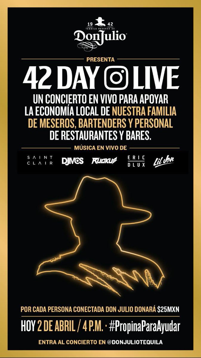 Desconéctate un ratito del estrés con buena música: ¡conéctate y ayuda! Hoy a las 4 pm entra a la cuenta de instagram de #TequilaDonJulio. Por cada persona conectada donarán $25 para apoyar a personal del sector restaurantero. #PropinaParaAyudar.