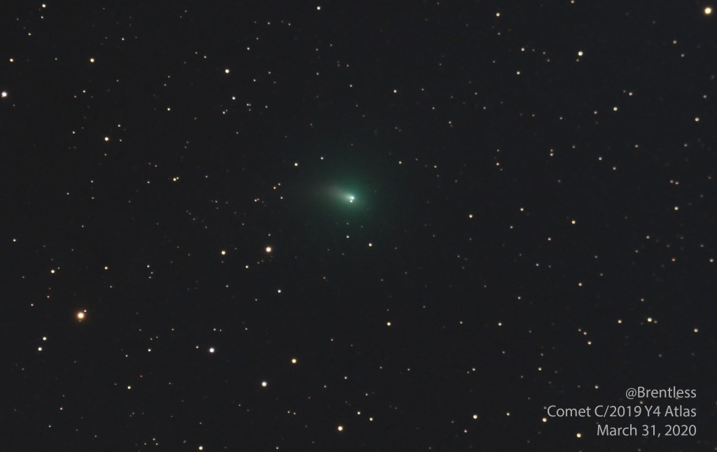 Brentless's tweet image. My capture of #Comet C/2019 Y4 Atlas from a few nights ago.  A little over an hour worth of time, composite of star track and comet track in #DeepSkyStacker.  30 x 150s, w/ darks, flats, and dark flats, gain 200 on ASI071MC, Explore Scientific 127mm refractor.  #astrophotography
