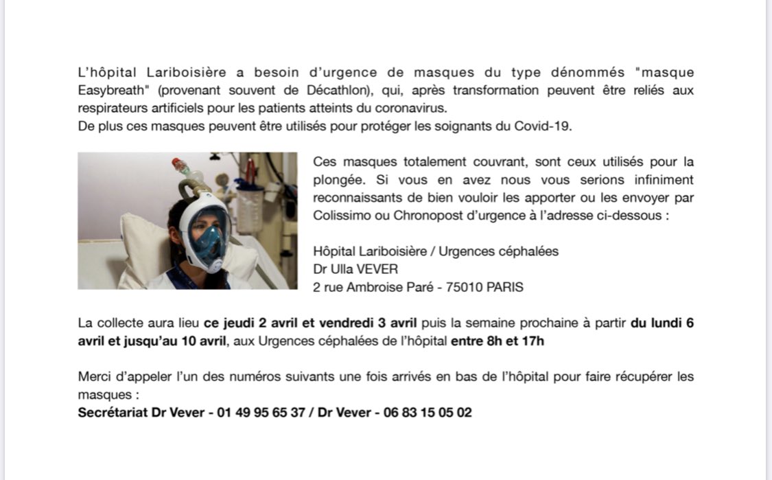 PalissyC's tweet photo. L’hôpital Lariboisière a besoin de masques easybreath, qu’il est possible d’adapter aux besoins des malades en réanimation. Si vous en avez, donnez-les ↘️↘️↘️ #COVIDー19 🦠 https://t.co/ZVc4PpmvI6