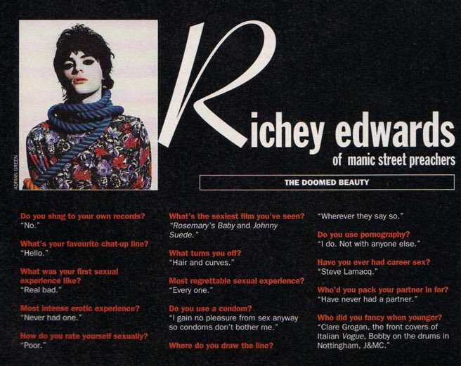 PrayForPatrick's tweet photo. select magazine had a sex q&amp;a feature in 1993 and the answers of Tony from east 17 and Richey Edwards from the manics couldn’t have been more different https://t.co/jGVJRwkPiG