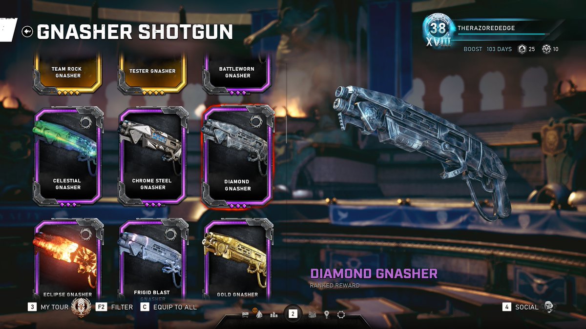 TheRazoredEdge's tweet image. Check your inventory guys. Even if you didn't get a message saying you got some skins, they've probably still been awarded to you. I got my Bronze, Silver, Gold, Onyx, Diamond and Master rewards. #Gears5